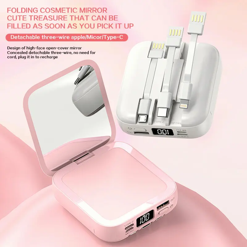 Powerbank Chính Hãng, Dung Lượng 50000mAh, Kích Thước Nhỏ, Có Gương Trang Điểm, Sạc Tích Hợp 4 Dây 5