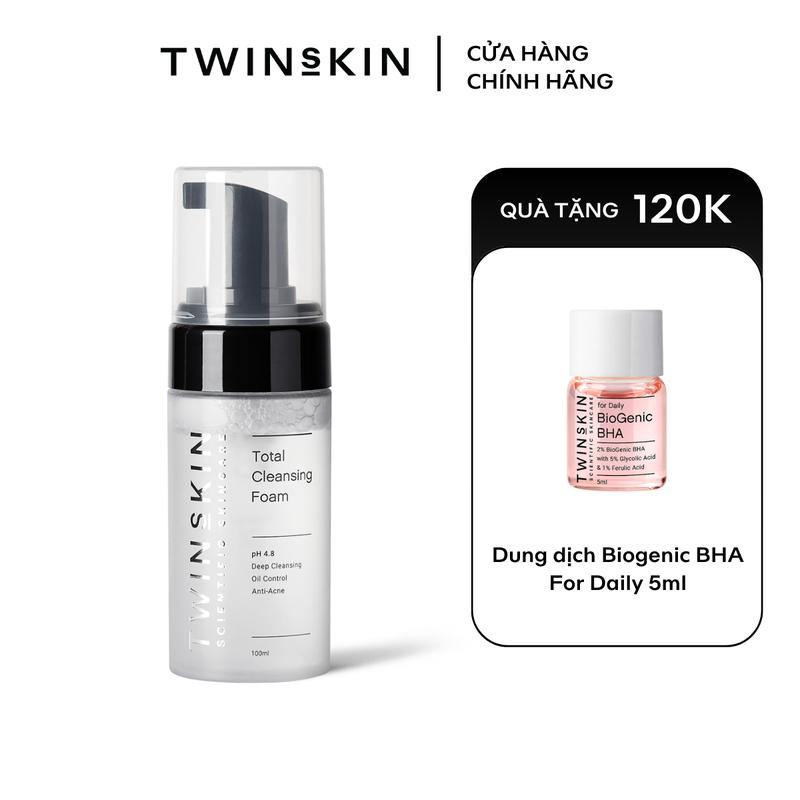 Sữa rửa mặt tạo bọt pH 4.8 TWINS SKIN Total Cleansing Foam 100ml TẶNG Dung dịch làm sạch Biogenic BHA For Daily 5ml