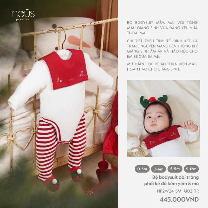   Nous Xmas  Bộ bodysuit Nous màu trắng phối kẻ đỏ kèm mũ và yếm màu sắc Noel cho bé từ 0-12 tháng 
