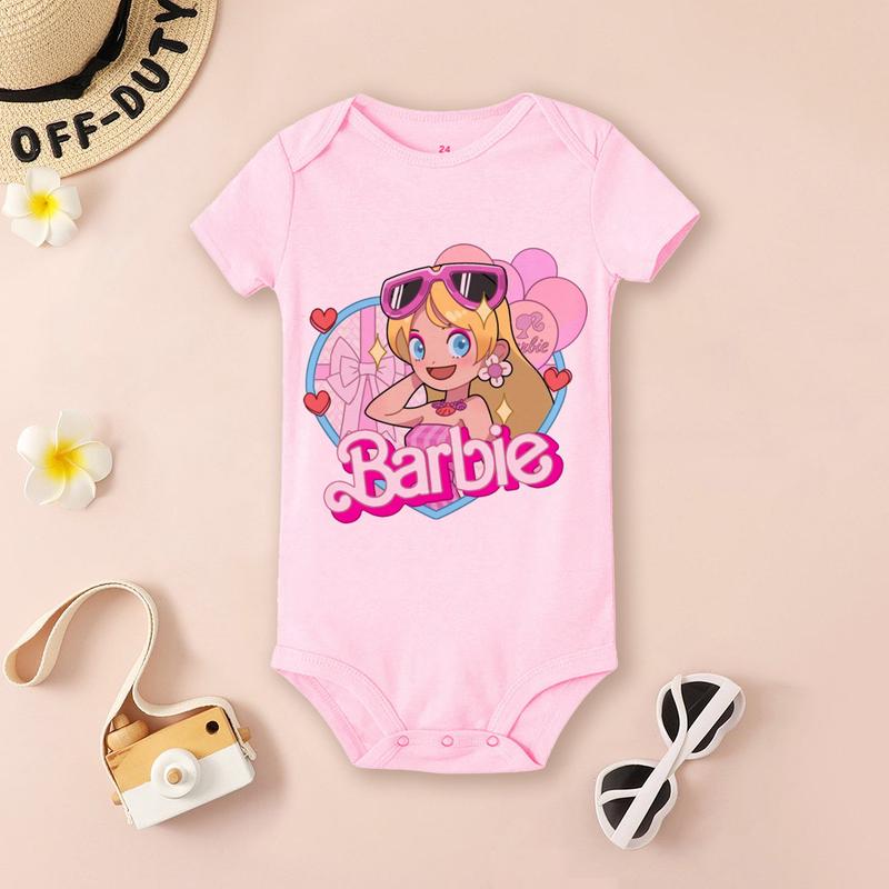 Product Introduction of Barbie Cartoon Fashion Printed Baby Girl Bodysuit Baby Trend Short Sleeve Jumpsuit Newborn Pajamas 4