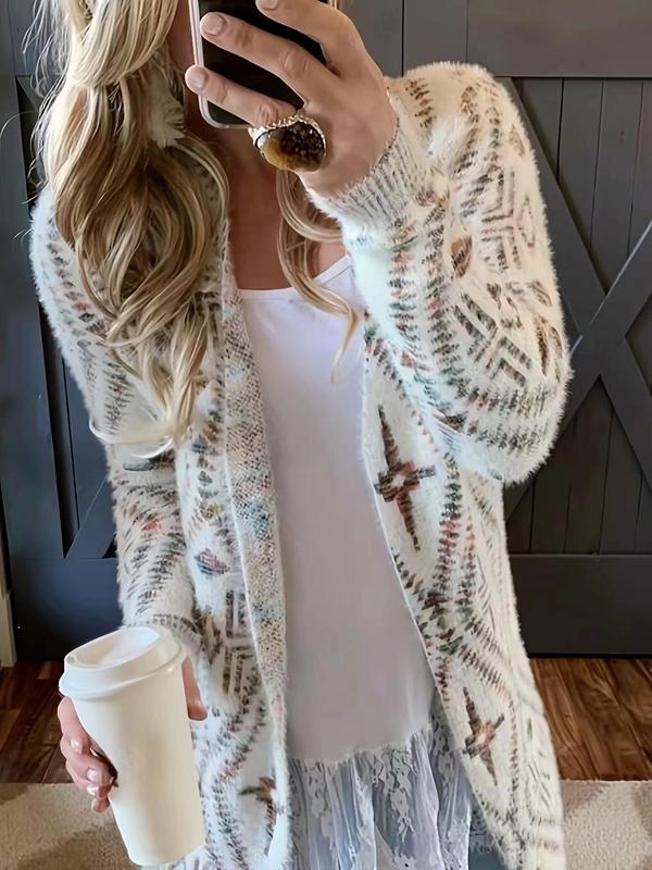 Women's All Over Print Drop Shoulder Cardigan, Boho Long Sleeve Open Front Knitwear for Fall & Winter, Fashion Ladies' Knit Clothes for Daily Wear 0