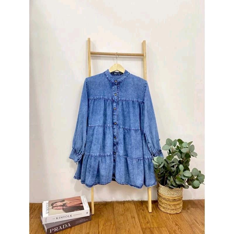 Atasan Kemeja Jeans Babydoll Susun // Kemeja Wanita Babydoll Oversize Kekinian 5