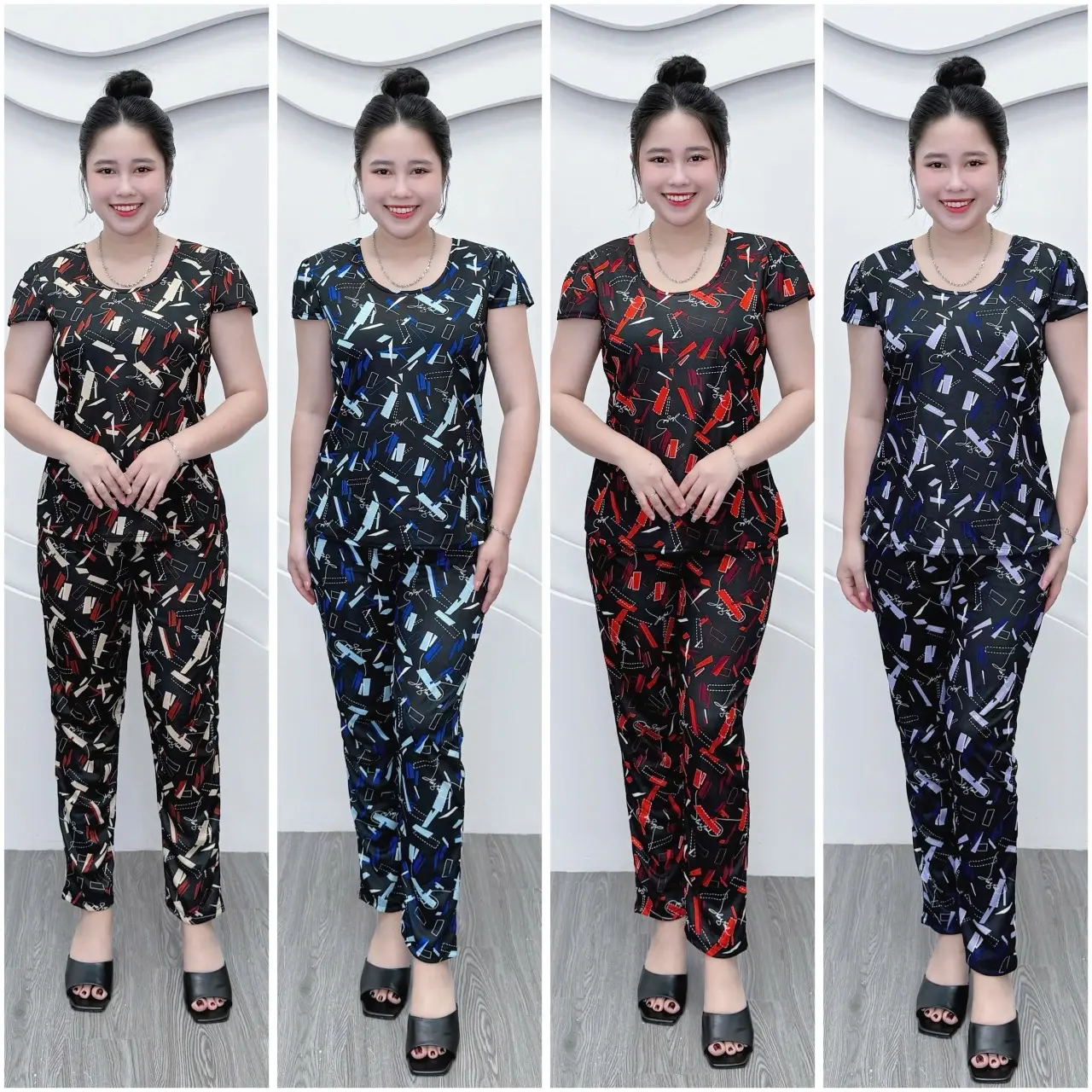 T2 Combo 4 bộ thun aty cổ tròn mới,tay con, quần dài, vãi aty thường nhẹ mềm, đồ bộ nữ 40-70 Women