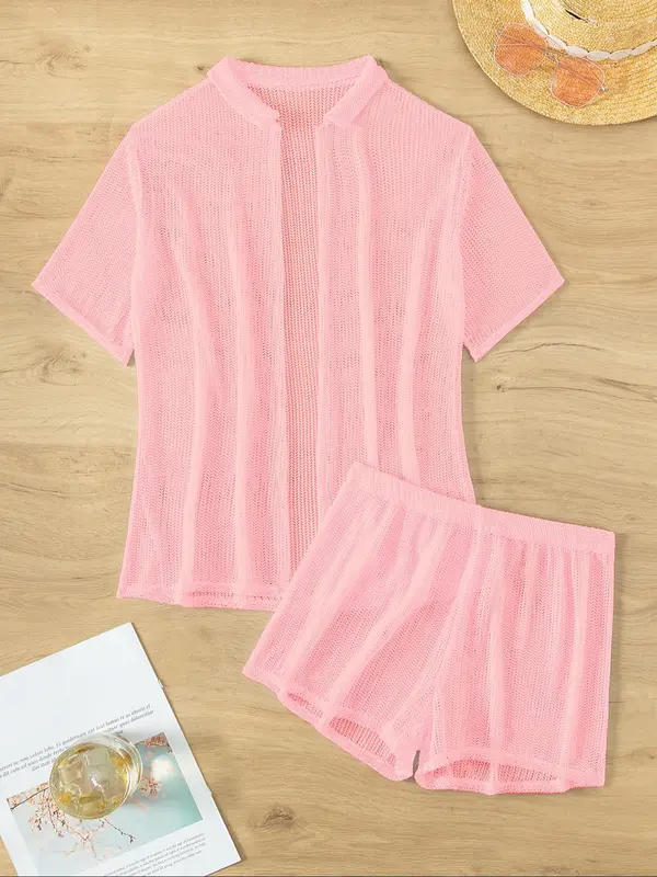 Women's Solid Color Open Front Cover Up & Shorts Set, Casual Fashion Swimwear Set for Beach Holiday Vacation, Ladies Swimsuit for All Seasons, Beach Cover Ups, Swimming 1