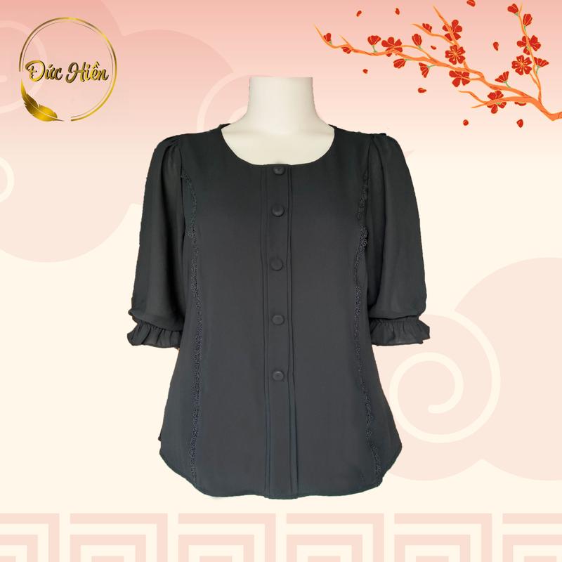 ÁO NỮ TRUNG NIÊN LỤA TẦM Ý ĐÍNH NÚT SANG TRỌNG Top Sơ Mi Women Kem Đen Cotton Cổ tròn Thông thường 4