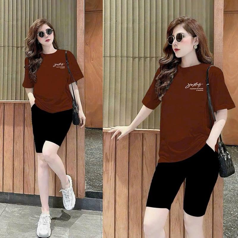 Sét bộ đồ nữ áo cotton khô in chữ ký mix quần lửng thun thái form 40-60kg 4