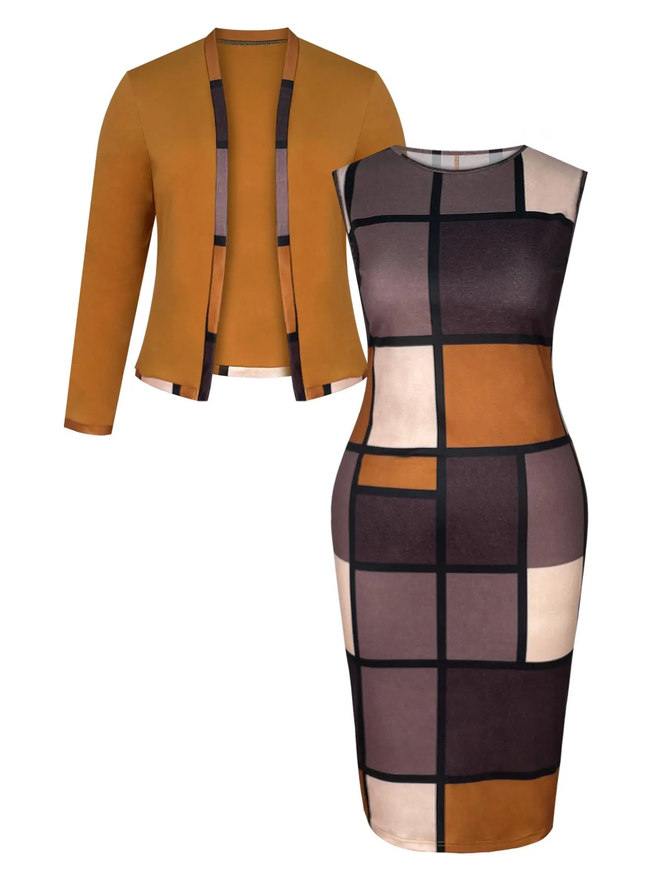 【Plus Size】 Plaid Print Open Front Long Sleeve Cardigan & Dress Set, Elegant Fashion Casual Two-piece Outfits for Daily Outdoor Wear, Women Plus Clothing for All Seasons