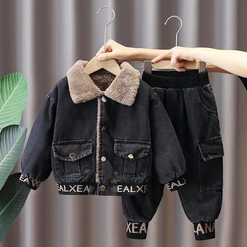 Bộ Đồ Bé Trai, Quần Áo Mùa Đông, Lót Lông Cừu Dày Dặn, Bộ Đồ Hai Mảnh Denim Phong Cách Phương Tây Mùa Thu Và Mùa Đông Cho Trẻ Em Mới, Thời Trang Mùa Đông Cho Bé, 2024