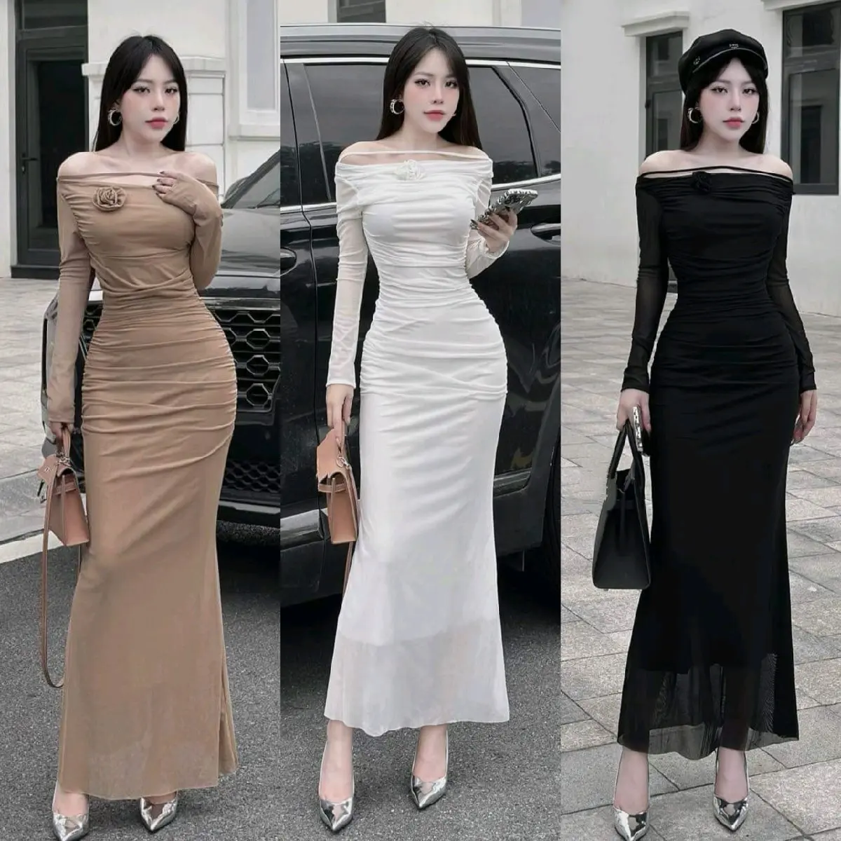 Váy Body đuôi cá hoa ngực, đầm váy nữ trễ vai form ôm body đuôi cá thiết kế đính hoa tay dài phong cách nữ tính siêu tôn dáng sang trọng Đầm dự tiệc Women Dress Đen vayom