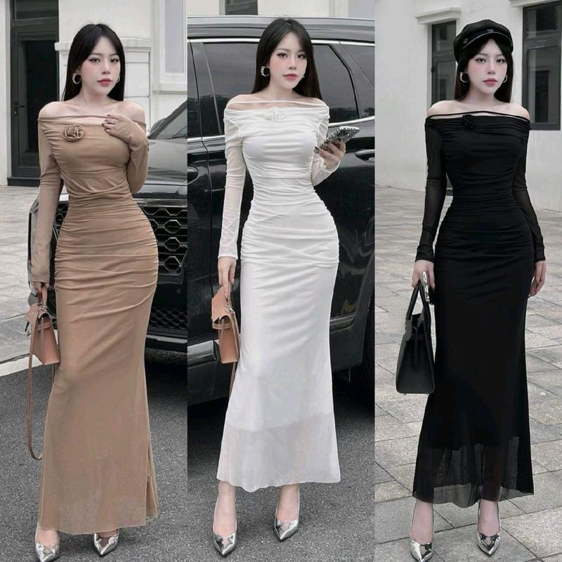 Váy Body đuôi cá hoa ngực đầm váy nữ trễ vai form ôm body đuôi cá thiết kế đính hoa tay dài phong cách nữ tính siêu tôn dáng sang trọng Đầm dự tiệc Women Dress Đen vayom
