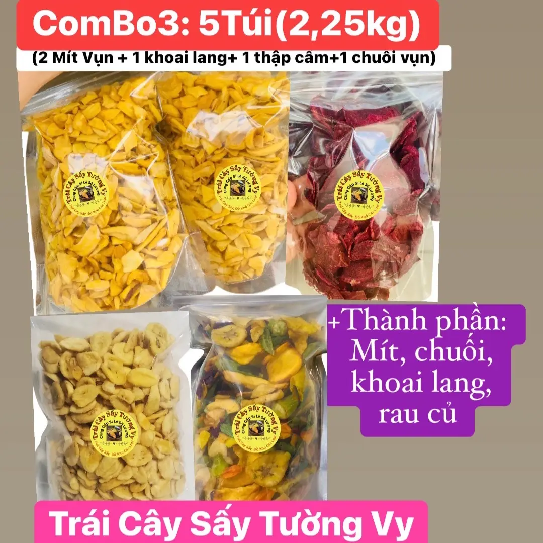 Combo 3: (2,25kg) 2 Mít Sấy Vụn + 1 Thập Cẩm Sấy Vụn + 1 Chuối Sấy Tròn Mini+ 1 Khoai Lang Tím Sấy Mật Ong