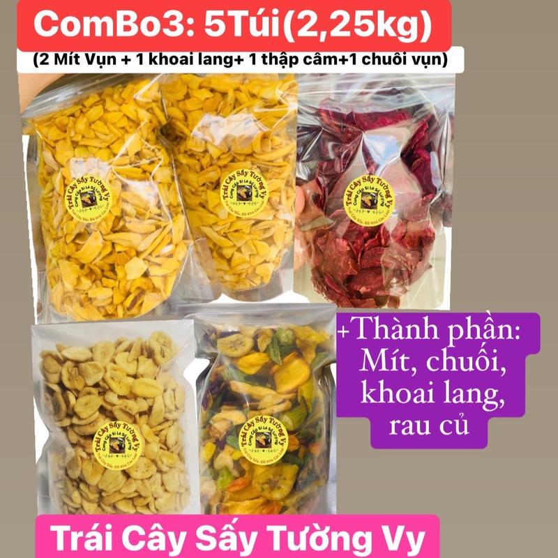 Combo 3: (2,25kg) 2 Mít Sấy Vụn + 1 Thập Cẩm Sấy Vụn + 1 Chuối Sấy Tròn Mini+ 1 Khoai Lang Tím Sấy Mật Ong