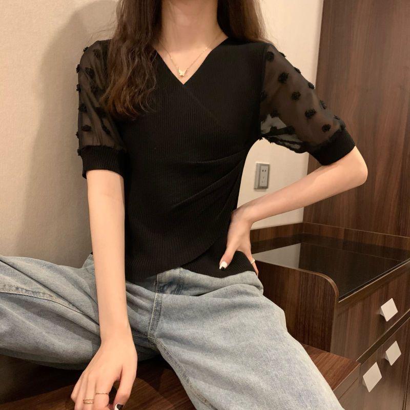 Product Introduction of Áo Thun Thiết Kế Voan Dáng Ôm, Knatwear, Cổ Chữ V, Ngắn, Dành Cho Nữ, Màu Đỏ Ngủ, Quần Áo Nữ 20