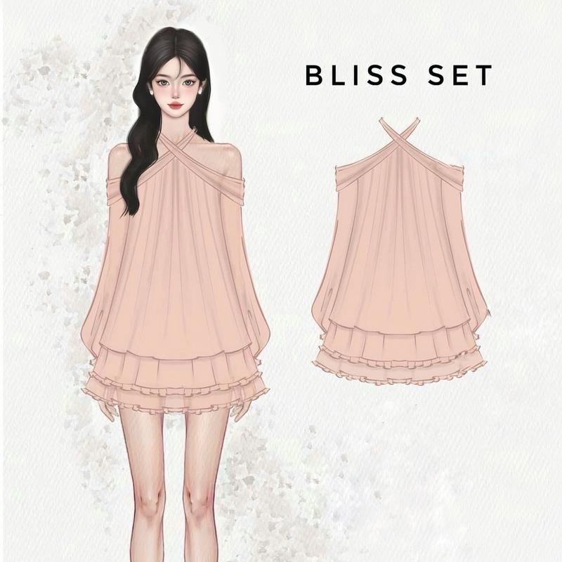XẢ KHO Blissset Set áo tơ cổ yếm kèm chân váy xoè style tiểu thư Dilyshop Top Nữ Women