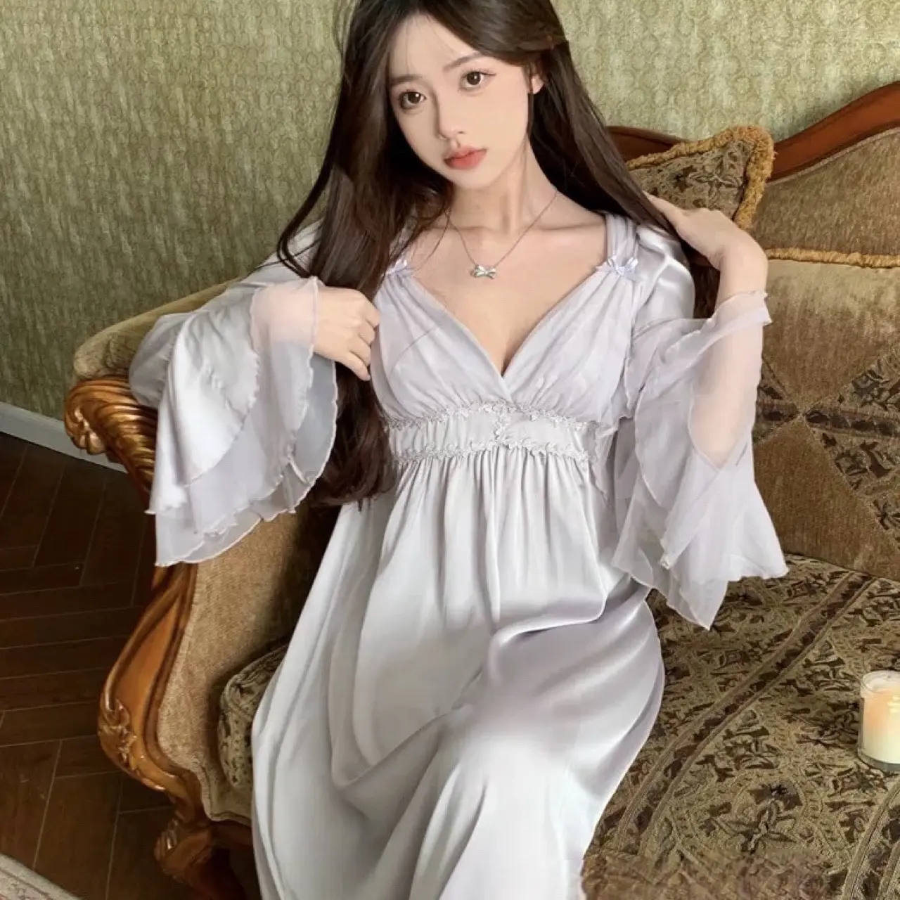 SP.72 Váy ngủ dáng dài màu trắng ngà hàng Quảng Châu cao cấp