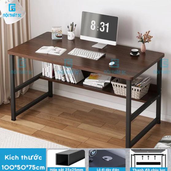  Bàn làm việc bàn học T-Table Nội thất 5c có giá sách kích thước lớn khung sắt hộp sơn tĩnh điện mặt gỗ dày 4 màu sắc 