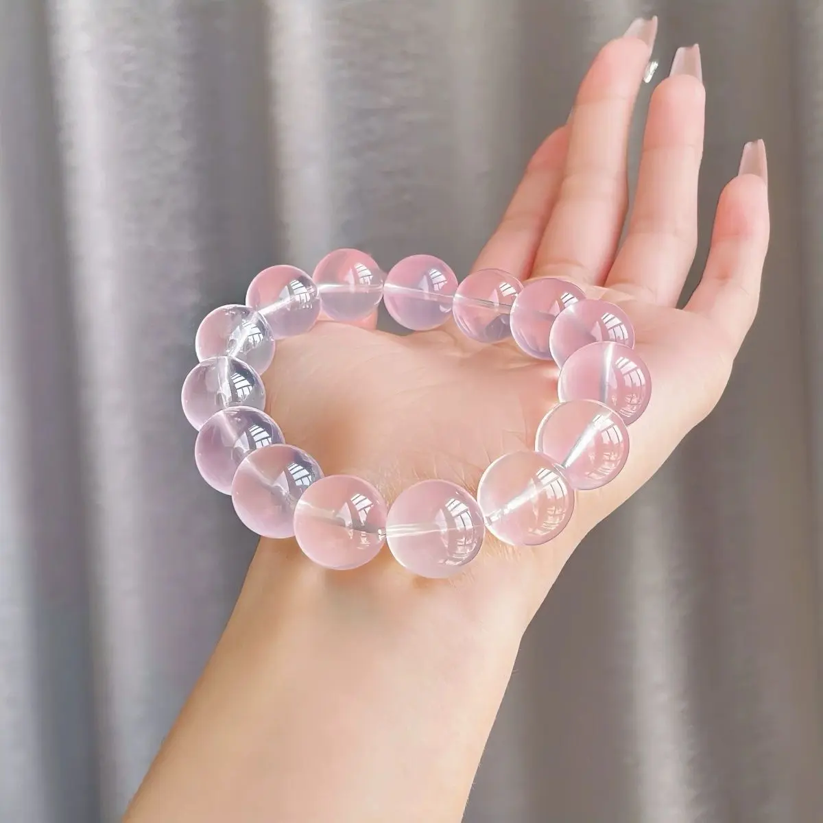 Natural Mozambique Pink Crystal Handmade Big round Bead Fresh Sweet Bracelet Fairy Temperamental Super Fresh Bracelet
