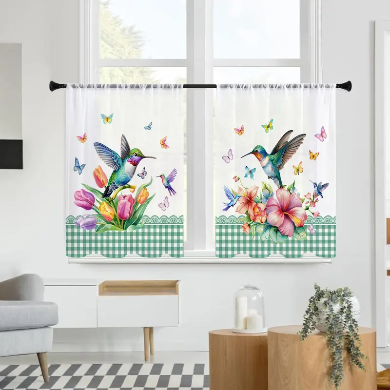 Floral & Hummingbird Pattern Curtain, 2 Counts/set Modern Simple Short Curtain, Window Curtain for Home Living Room Bedroom Kitchen Bathroom 3
