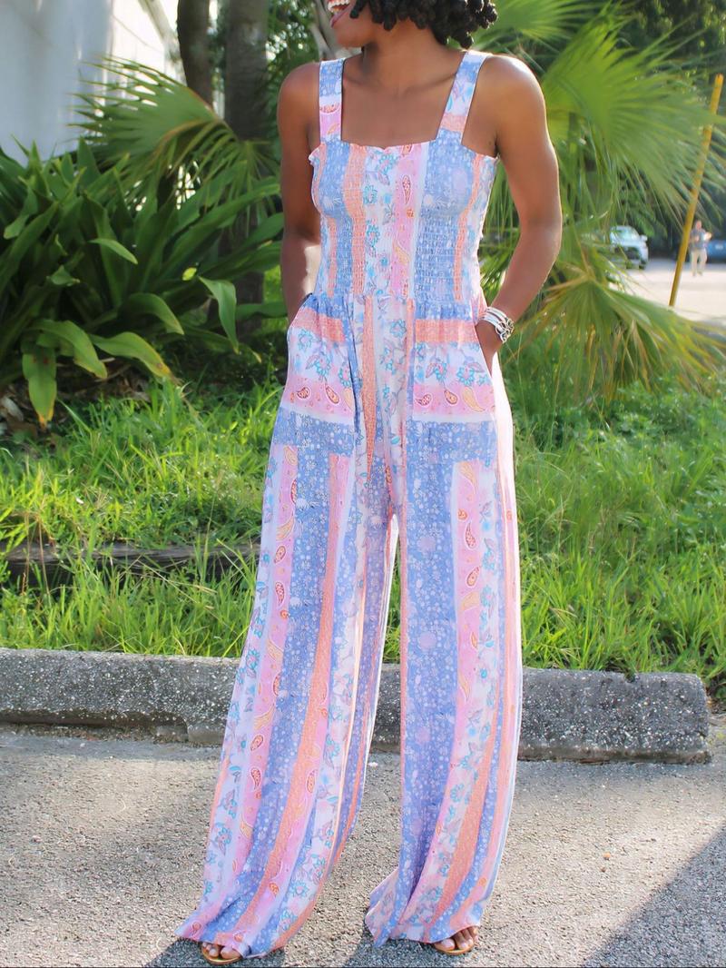 Product Introduction of Women's Floral Print Frill Trim Shirred Jumpsuit, Boho Casual Pocket Wide Leg Jumpsuit for Summer, Women's Jumpsuit for Beach Holiday Vacation 1