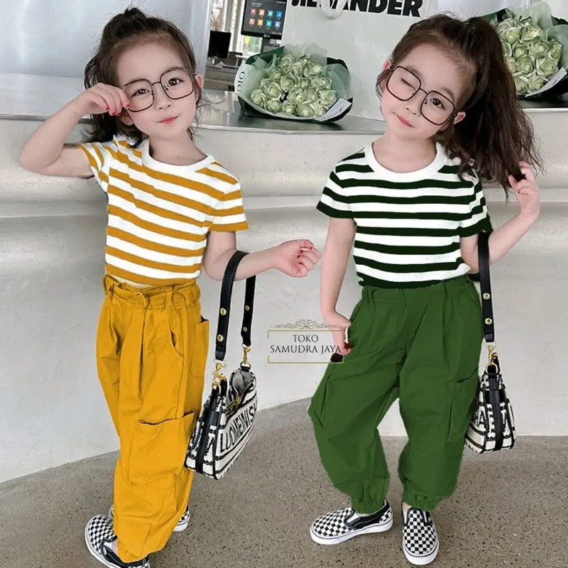 Setelan Kaos Salur Cargo Anak Laki-laki dan Peremepuan