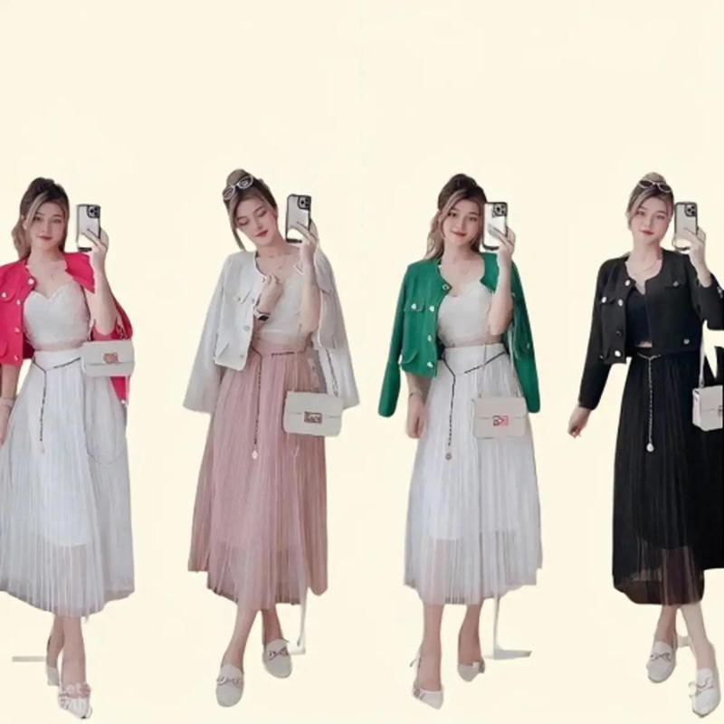  Chân váy xếp ly dài Kem dây xích dài váy 76cm 3 lớp vải ren xòe Midi thời trang nữ haubinhchuyensiqc Women Bo Chun 