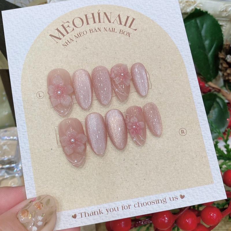 Nailbox tone thạch hồng mắt mèo moonlight phối hoa gel nổi