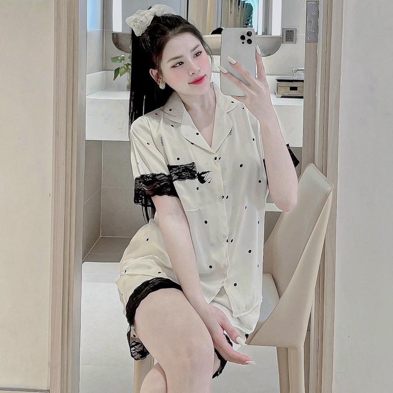 Bộ Lụa Latin Mịn Mềm Tay Ngắn Quần Đùi Cúc Đính Đá Phối Ren Mềm Mịn Đẹp Nhiều Hình Quả Đào Nơ Nhí Hoa Nhí Cho Nữ Mặc Nhà Quần Ngủ Áo Ngủ Women Nho 7