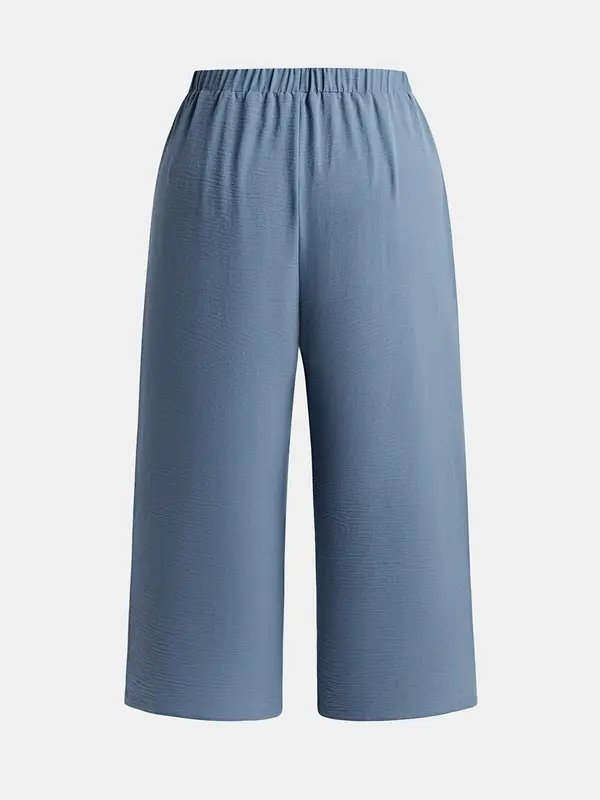 CURVZY Plus Size Autumn Aesthetic Women's Tie Front Wide Leg Pants, Casual Textured Pocket Trousers for Outdoor Wear, Women's Stretchy Bottoms for Summer 1