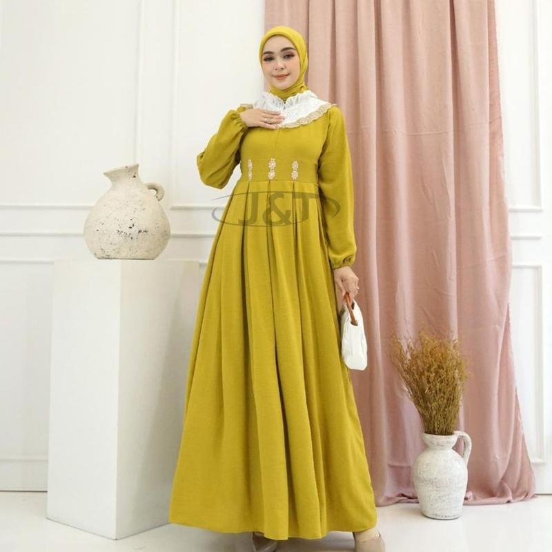 Gamis Renda sweet lengan panjang model fashion wanita muslim modem terbaru new arrival model kekinian kombinasi brukat 2
