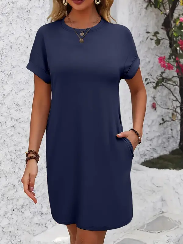 Women's Plain Curved Hem Raglan Sleeve Tee Dress, Casual Short Sleeve Round Neck Dress for Spring & Fall, Ladies Clothes for Daily Wear 4