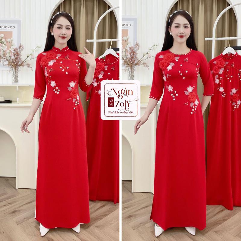 D7 Áo dài đỏ Lụa Mỹ đính kết hoa thủ công - Áo dài Nữ 1