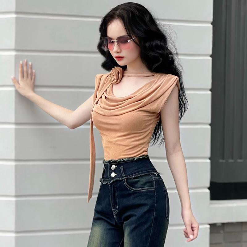 A391 Áo Thun Nữ Thiết Kế EMME Cộc Tay Cổ Đổ Có Dây Chéo Cổ Dáng Ôm Co Giãn Cách Điệu Women Top [ Kèm Tag Hoa ] - Thanh Tự Nhung Sơ Mi Jean Kem