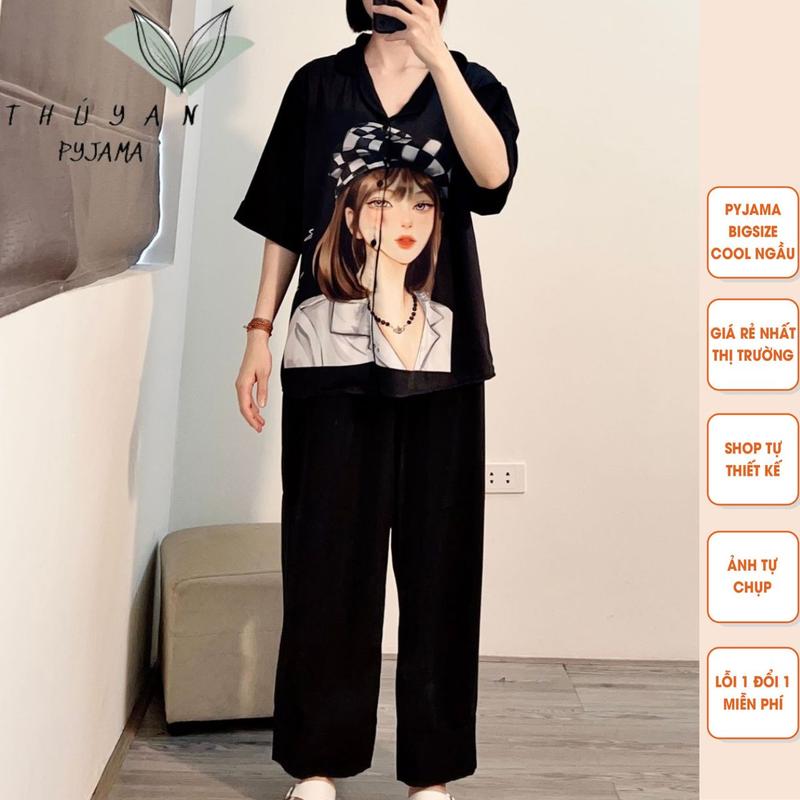 Bộ Pijama Bigsize cô gái mũ kẻ cộc dài mặc nhà dành cho nữ, mẹ bầu từ 60kg - 90kg.