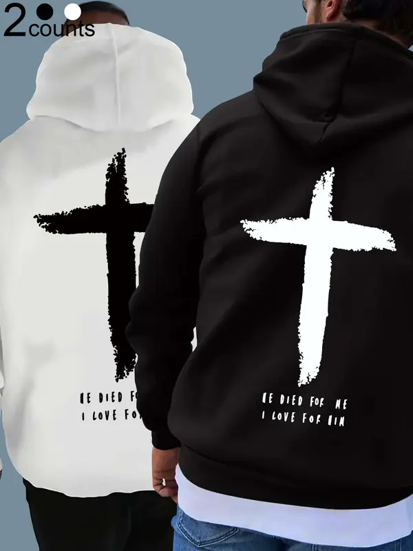 Men's Cross Print Pocket Drawstring Hoodie, Regular Fit Casual Long Sleeve Hooded Sweatshirt, Men's Fall & Winter Clothes for Daily Wear 4