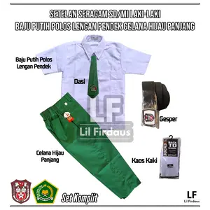 Setelan Seragam SD/MI Laki-Laki Satu Set Baju Polos Lengan Pendek Celana Hijau Panjang