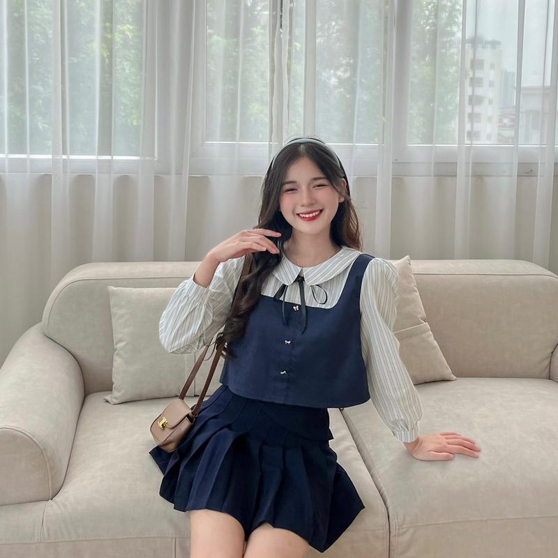 | Kèm ruy băng | Áo sơ mi nữ dáng croptop phối tay kẻ sọc chất xước mềm cotton 03 màu (Sơ mi Giao) 0