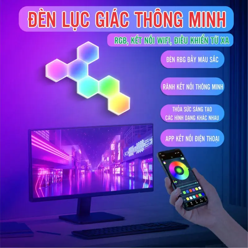 Combo 6 thanh Đèn Led lục giác RGB gắn tường nháy theo nhạc có app điều khiển wifi trang trí phòng làm việc phòng game setup 0