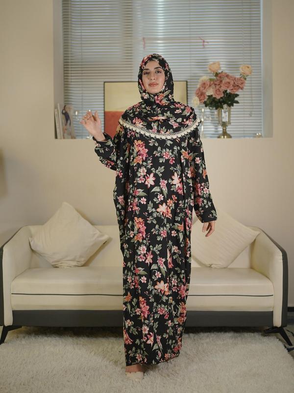 Women's Floral Print Contrast Lace Hooded Tunic Dress, Modest Outfits, Elegant Long Sleeve Long Muslim Womens Clothing for Daily Wear, Ladies Clothes for All Seasons 3