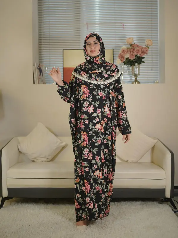 Women's Floral Print Contrast Lace Hooded Tunic Dress, Modest Outfits, Elegant Long Sleeve Long Muslim Womens Clothing for Daily Wear, Ladies Clothes for All Seasons 2