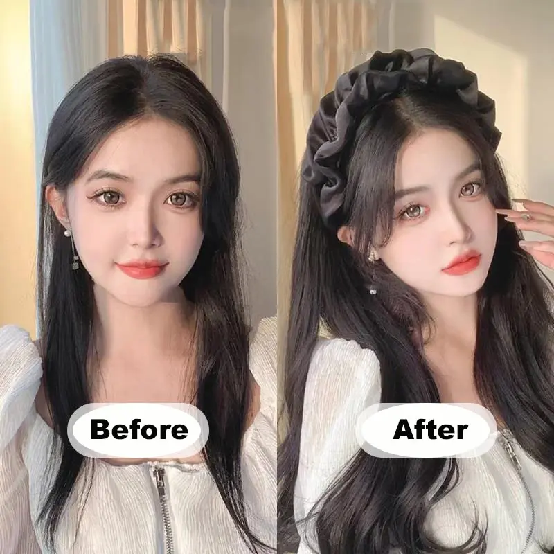 Băng Đô Satin Màu Đen Xếp Nhún Thanh Lịch, Vòng Cài Tóc Rộng Công Chúa, 1 Cái 5