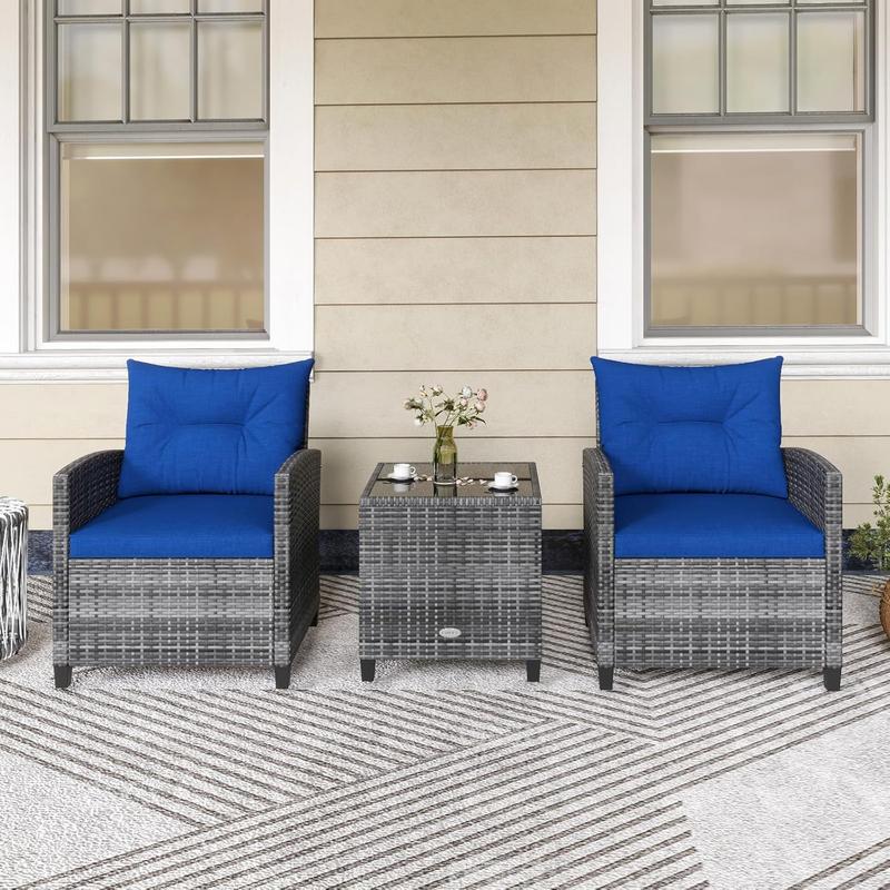 3 Pieces Outdoor Rattan Bistro Set, Patio Wicker Conversation Furniture Set with Cushions & Tempered Glass Tabletop, Metal Frame Garden Conservatory Sofa Table for Porch Balcony (Navy) 7