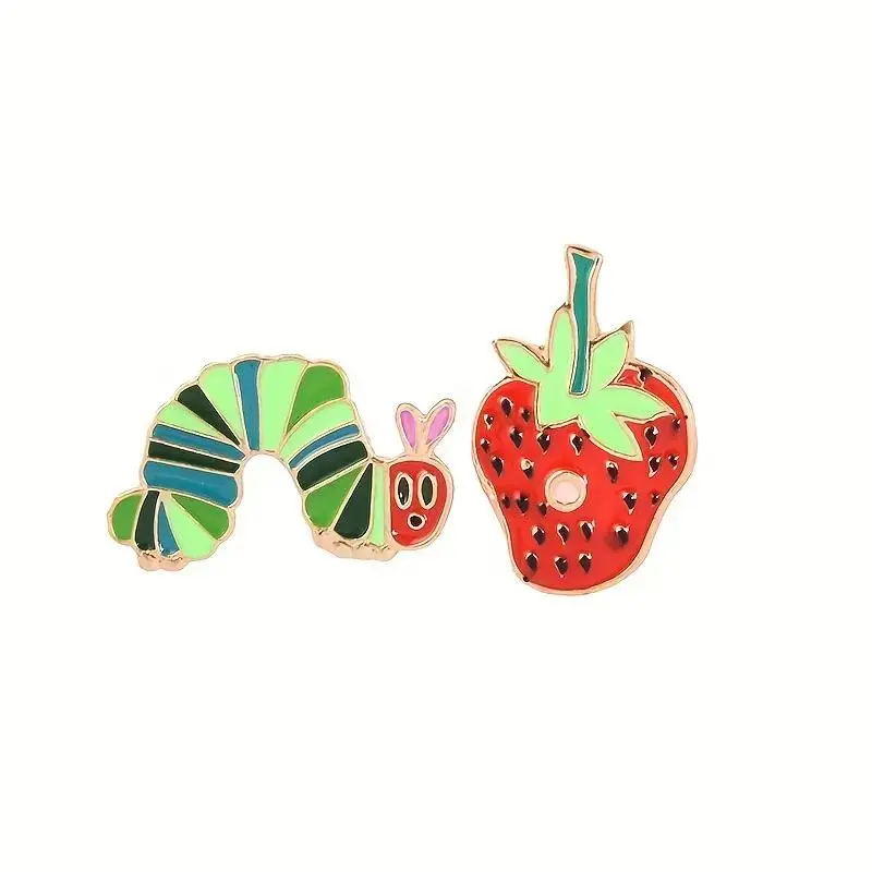 Caterpillar & Strawberry Design Metal Brooch (2 Counts), Cute Cartoon Badge for Clothes Backpack Hat, Enamel Pin Suitable for Backpacks, Jeans, Scarves, Hats Decoration Fixed Buckle, for Summer Clothes,  Teenage Girl Gifts 3