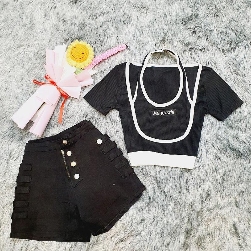 Sét bộ quần short lưng cao phối nút đai hai bên cộng áo yếm croptop dễ thương dành cho phái nữ Thun Women set đồ đẹp Nhung Kaki