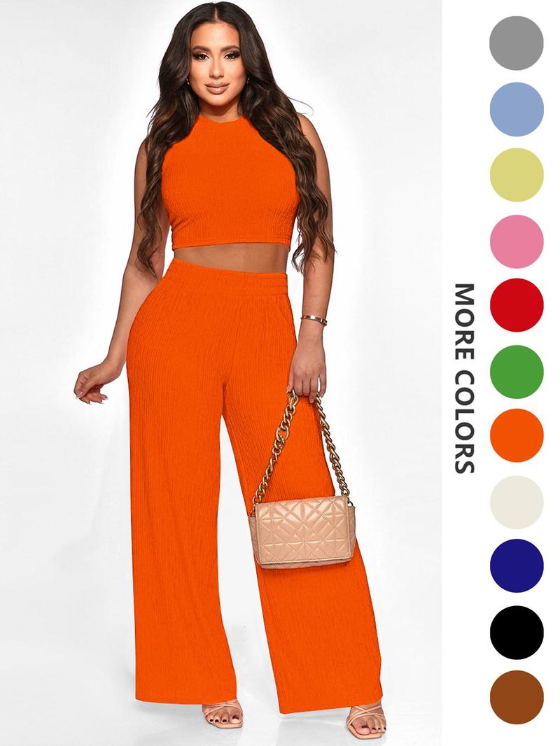 Product Introduction of Two-piece Set Women's Solid Textured Co-ord Set, Casual Round Neck Crop Tank Top & Wide Leg High Waist Pants Set, Ladies Summer Clothes for Daily Wear 1