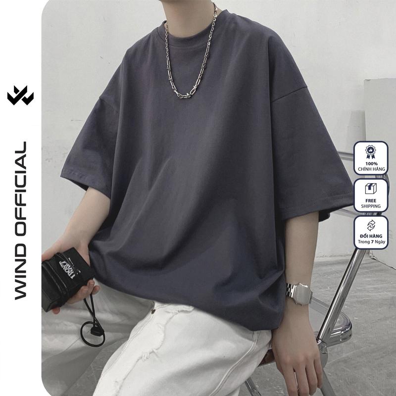 Áo thun tay lỡ unisex WIND phông form rộng Trơn Cotton  65% Cotton Menswear Nam Cổ Tròn