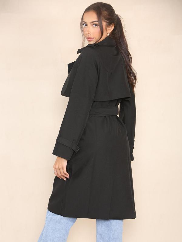 Women's Solid Double Button Belted Trench Coat, Elegant Lapel Neck Long Sleeve Coat for Fall & Winter, Women's Clothing for Daily Wear 3
