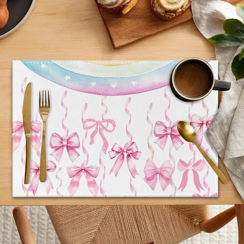 Pink Bow Pattern Place Mat, 1/4/6/8/12pcs Colorful Table Mat, Decorative Placemat for Home Kitchen Dining Room, Party Decorations, Coasters