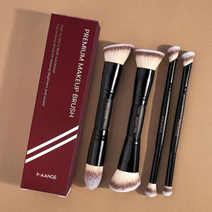 Juego de brochas de maquillaje de doble punta para rostro profesional, 4 piezas por juego de brocha para base con bevel y corteza & brocha para contorno & brocha para rubor & brocha para polvo, Herramientas de maquillaje para viaje