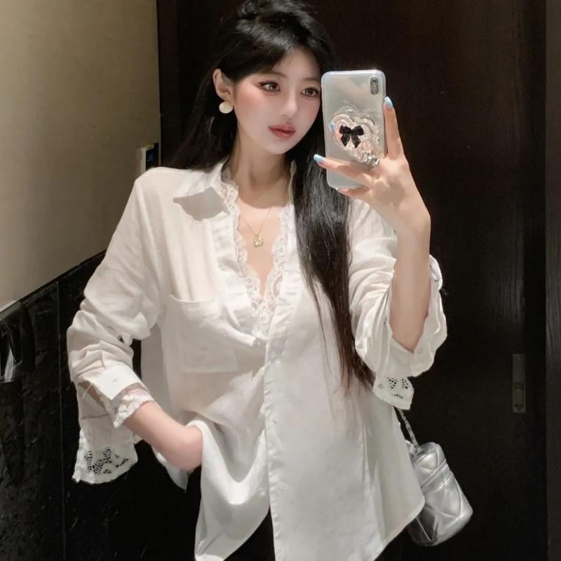 Product Introduction of Áo Sơ Mi Vải Lanh Và Cotton Màu Trắng, Giả Hai Mảnh, Dành Cho Mùa Hè Của Phụ Nữ, Áo Sang Trọng Và Đẹp Cao Cấp Dài Trung Bình Ren Chống Nắng 7