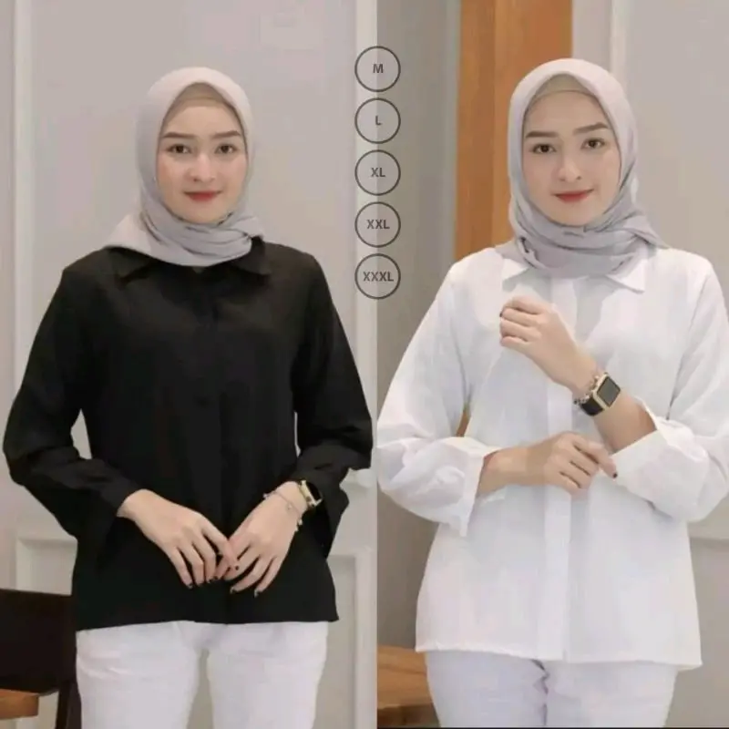 kemeja polos cewek hitam putih lengan panjang Katun Polos Wanita